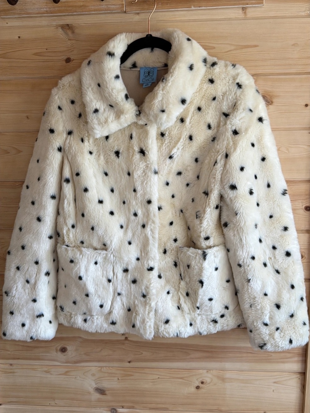 CeCe Cream Faux Fur Teddy Jacket with Black Dot Print